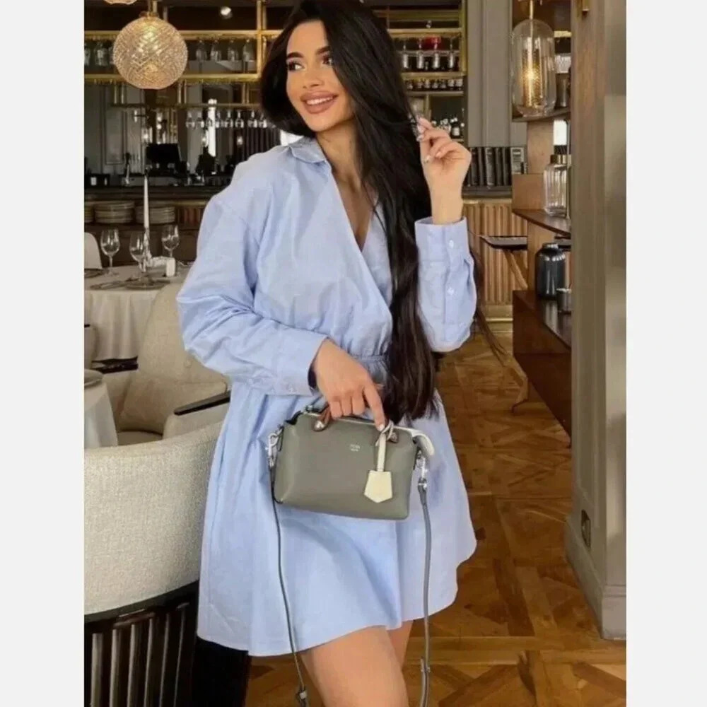 Zara Chambray Long Sleeve Shirt Dress Sky Blue  Size Small